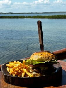 Lagoon-side dining at Crocs